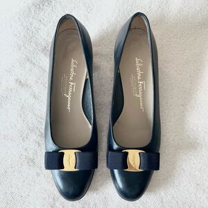 Vintage Salvatore Ferragamo Dark Navy Blue Low Heels  with Gold Accent and Bow